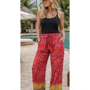 SUNDANCE vibrant reef cargo printed boho pants tassel cotton lounge travel S